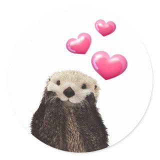 Cute Otter with Pink Love Hearts Classic Round Sticker