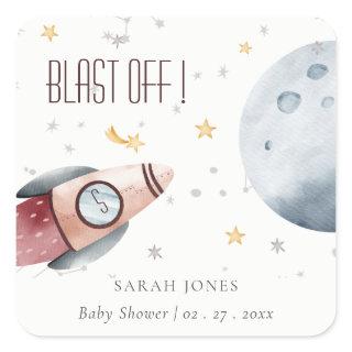 Cute Outer Space Starry Planet Rocket Baby Shower Square Sticker