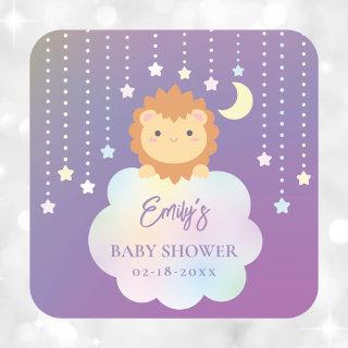 Cute Over the Moon and Stars Lion Cub Baby Shower Square Sticker