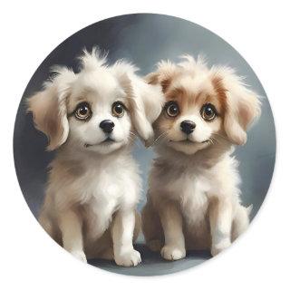 Cute Pair of Sibling Puppies Portrait Best Friends Classic Round Sticker