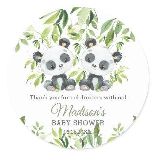 Cute Panda Bamboo Greenery Twins Baby Shower Classic Round Sticker