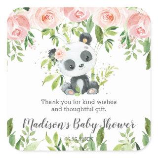 Cute Panda Pink Floral Bamboo Baby Shower Birthday Square Sticker