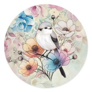 Cute Pastel Spring Watercolor Floral Bird  Classic Round Sticker