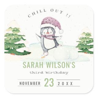 Cute Pastel Winter Penguin Kids Any Age Birthday Square Sticker