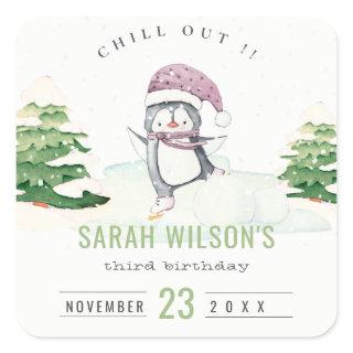 Cute Pastel Winter Penguin Kids Any Age Birthday Square Sticker