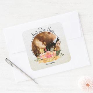 Cute Peach Floral Photo Best Day Ever Wedding Square Sticker