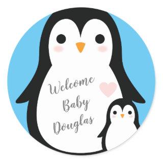 Cute Penguin Baby Shower Blue Boy Classic Round Sticker