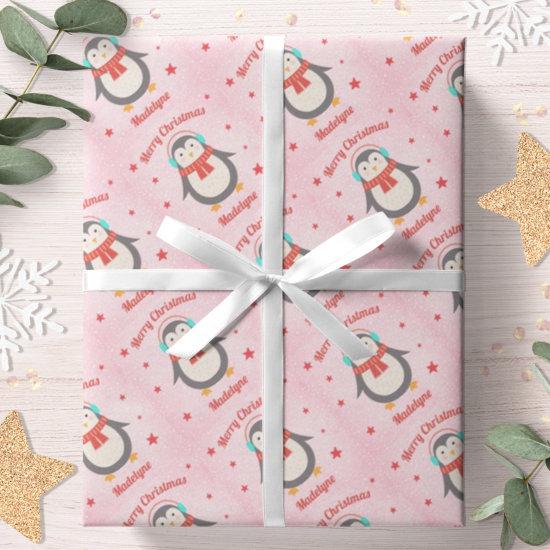 Cute Penguin Christmas Pink Snow Personalized