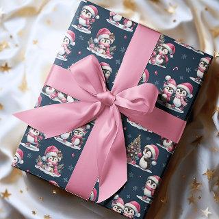 Cute Penguin Pattern Navy Blue and Pink Christmas