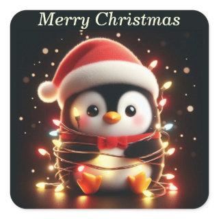 Cute Penguin Wrapped in Christmas Lights Square Sticker
