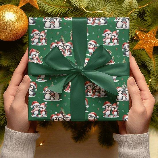 Cute Penguins Winter Green and Red Christmas