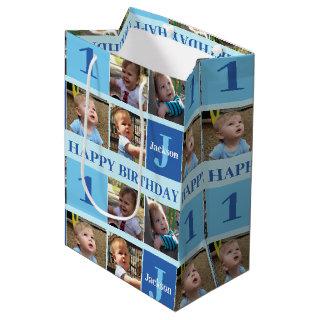 Cute Personalized Birthday Boys Photo Collage Blue Medium Gift Bag
