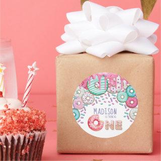 Cute Personalized Donut Sprinkles First Birthday Classic Round Sticker