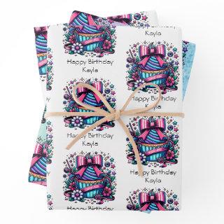 Cute Personalized Purple and Blue Cupcake Birthday  Sheets