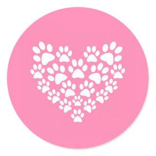 Cute Pet Lover White Pink Heart Paw Print Classic Round Sticker
