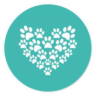 Cute Pet Simple Turquoise Teal Paw Print Heart Classic Round Sticker
