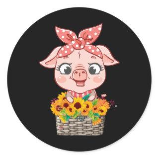 Cute Pig Bandana Sunflower Funny Farm Animal Lover Classic Round Sticker
