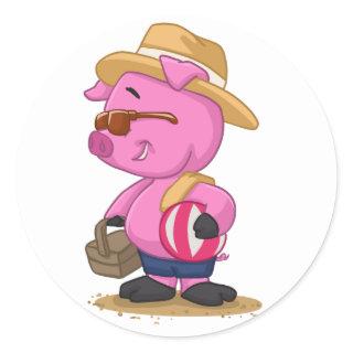 Cute pig on sand beach | choose background color classic round sticker