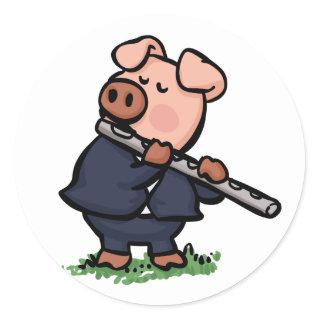 Cute Pig playing flute cartoon | choose back color Classic Round Sticker