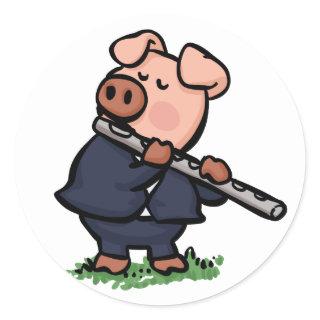 Cute Pig playing flute cartoon | choose back color Classic Round Sticker