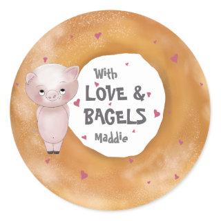 Cute Piggy "With Love & Bagels" | White and Grey  Classic Round Sticker