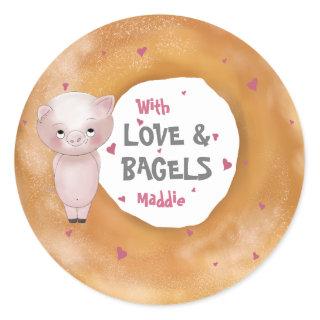 Cute Piggy "With Love & Bagels" | White Pink Grey Classic Round Sticker
