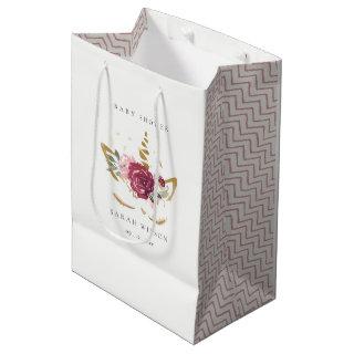 Cute Pink Blush Gold Floral Unicorn Baby Shower Medium Gift Bag