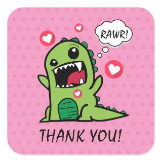Cute Pink Dinosaur Rawr Thank You Square Sticker