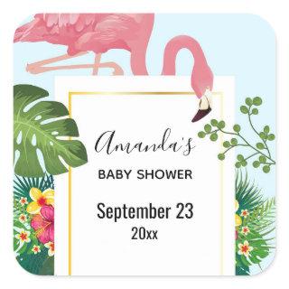 Cute Pink Flamingo Tropical Theme Save the Date Square Sticker