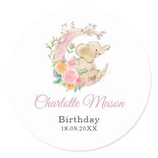 Cute Pink Floral Moon Girl Elephant Birthday Classic Round Sticker