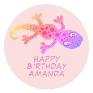 Cute Pink Gecko Lizard Rainbow Girls Birthday Classic Round Sticker