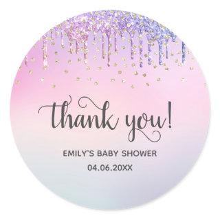 Cute Pink & Gold Rainbow Glitter Drips Baby Shower Classic Round Sticker