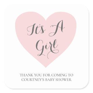Cute Pink Heart Its A Girl Baby Shower Square Sticker