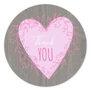 Cute Pink Heart With Doodle Frame on Wood Thank Yo Classic Round Sticker