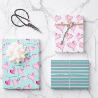 Cute Pink Hearts & Stripes Pattern Watercolor  Sheets