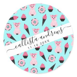 Cute Pink Mint Piggy Donut Ice Cream Cone Pattern Classic Round Sticker