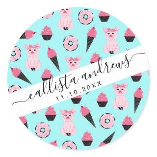 Cute Pink Mint Piggy Donut Ice Cream Cone Pattern Classic Round Sticker