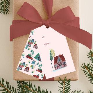 Cute Pink Nordic skiing Village Christmas Party Gift Tags