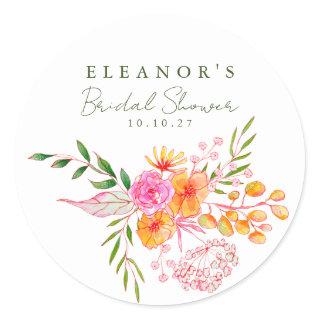 Cute Pink Orange Floral Watercolor Bridal Shower Classic Round Sticker