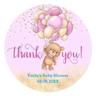 Cute Pink Teddy Bear Balloon Thank You Baby Shower Classic Round Sticker