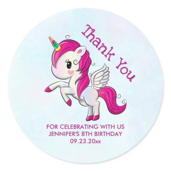 Cute Pink Unicorn with Wings Classic Round Sticker