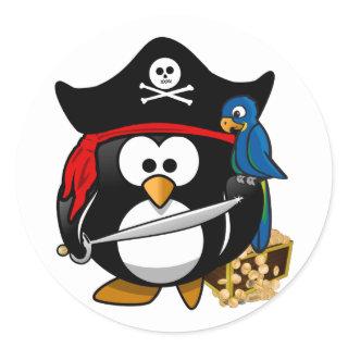 Cute Pirate Penguin with Treasure Chest Classic Round Sticker