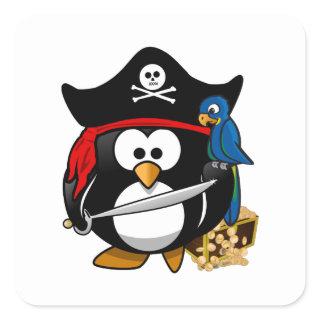 Cute Pirate Penguin with Treasure Chest Square Sticker