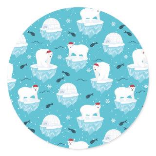 Cute Polar bears in Santa Hats Christmas Pattern Classic Round Sticker