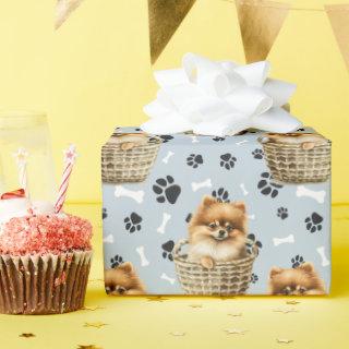 Cute Pomeranian Puppy in Basket Paw Print