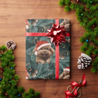 Cute Poodle Dog Santa Hat Fir Branches Pine Cones