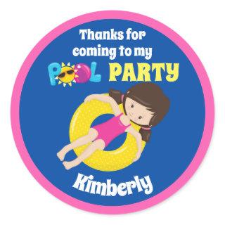 Cute Pool Party Swimming Birthday Girl Custom Classic Round Sticker