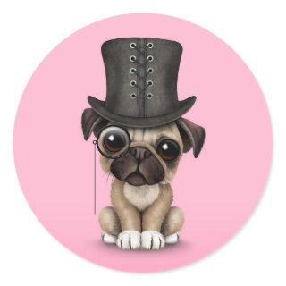 Cute Pug Puppy with Monocle and Top Hat Pink Classic Round Sticker