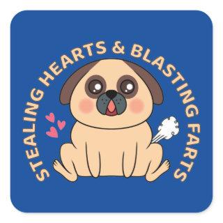 Cute Pug Stealing Hearts & Blasting Farts Square Sticker