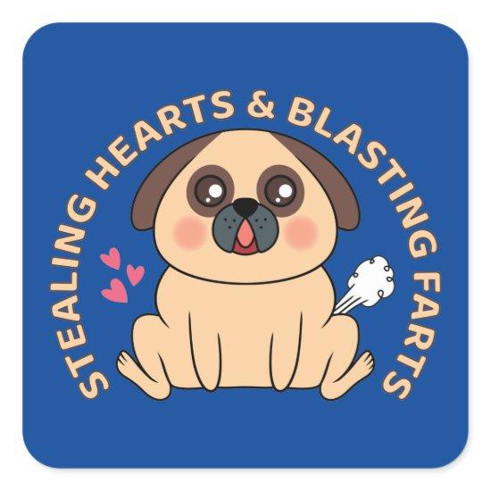 Cute Pug Stealing Hearts & Blasting Farts Square Sticker